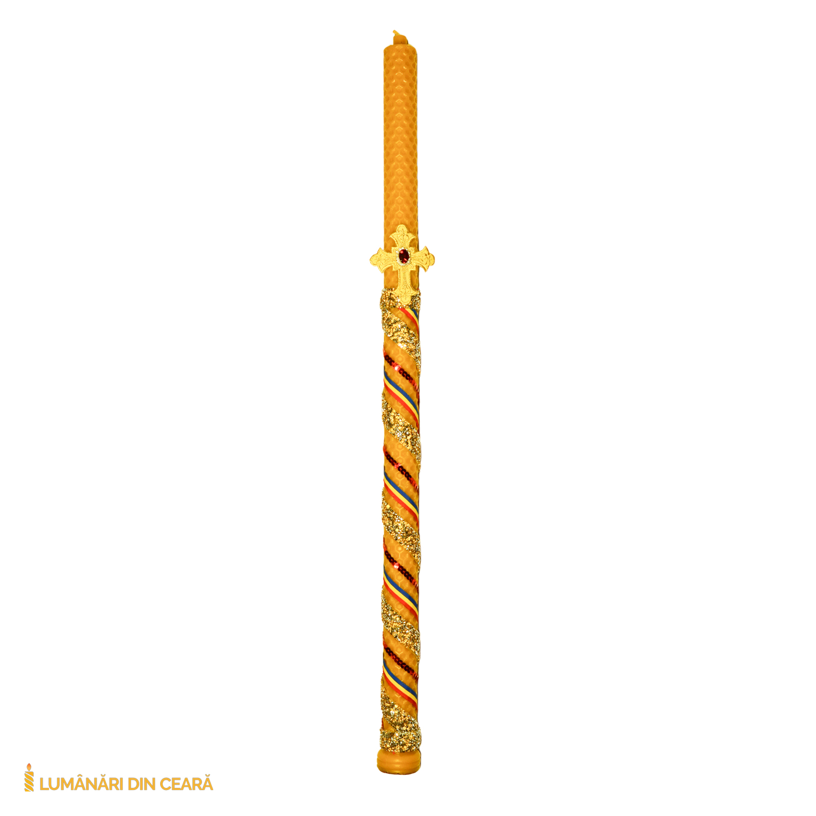 Lumanare impodobita fagure – model banda pietre aurii + tricolor (1)