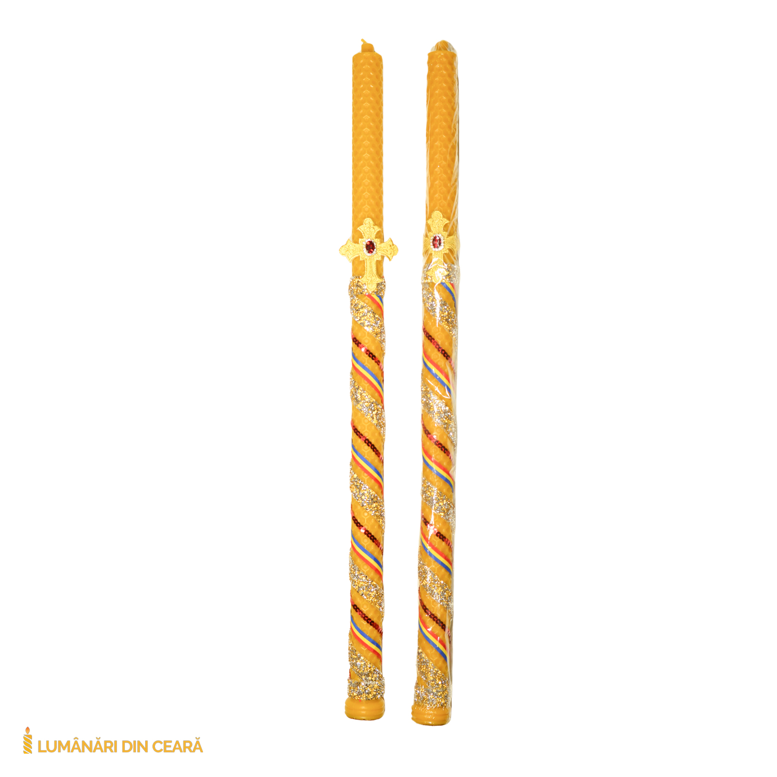 Lumanare impodobita fagure – model banda pietre aurii + tricolor (2)