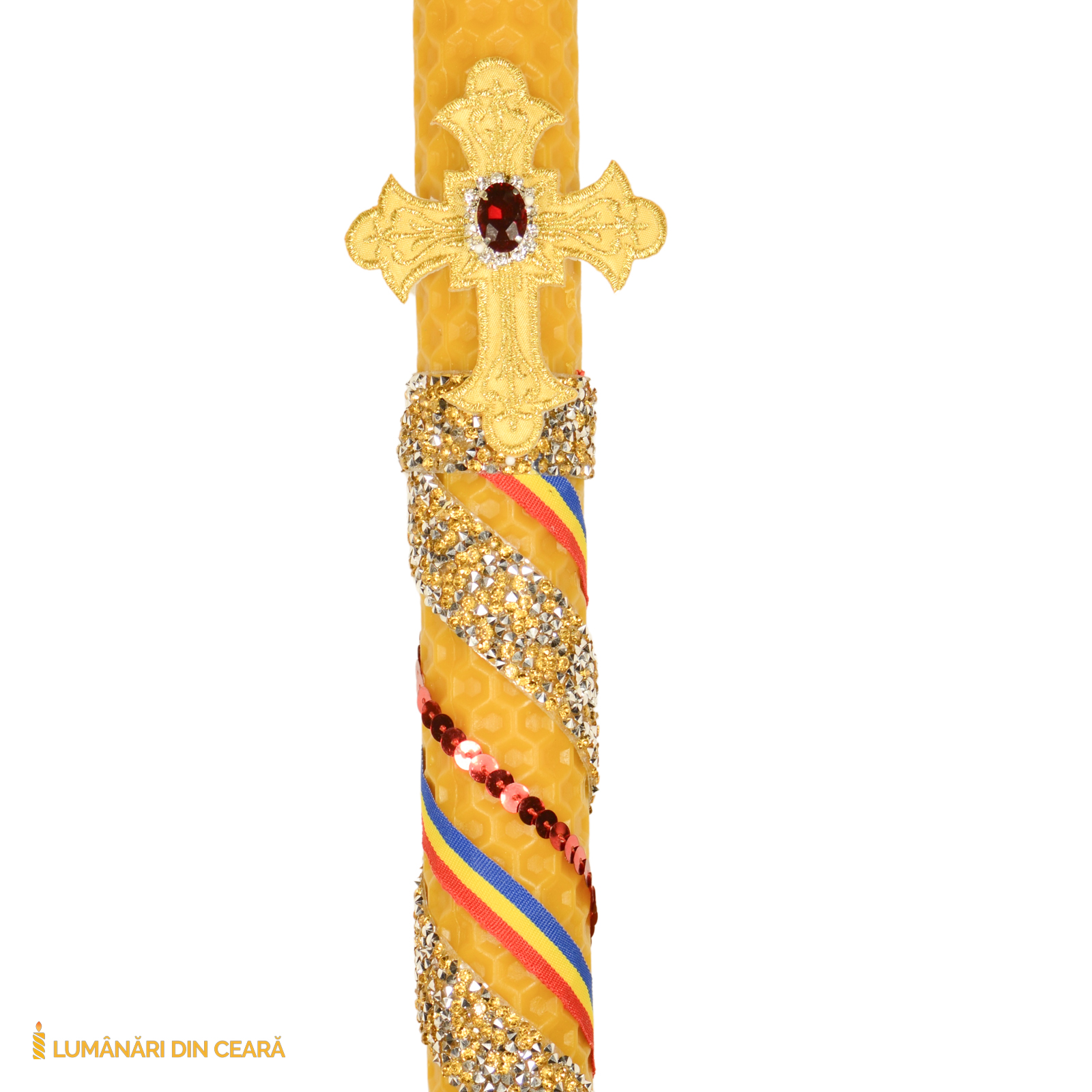 Lumanare impodobita fagure – model banda pietre aurii + tricolor (3)