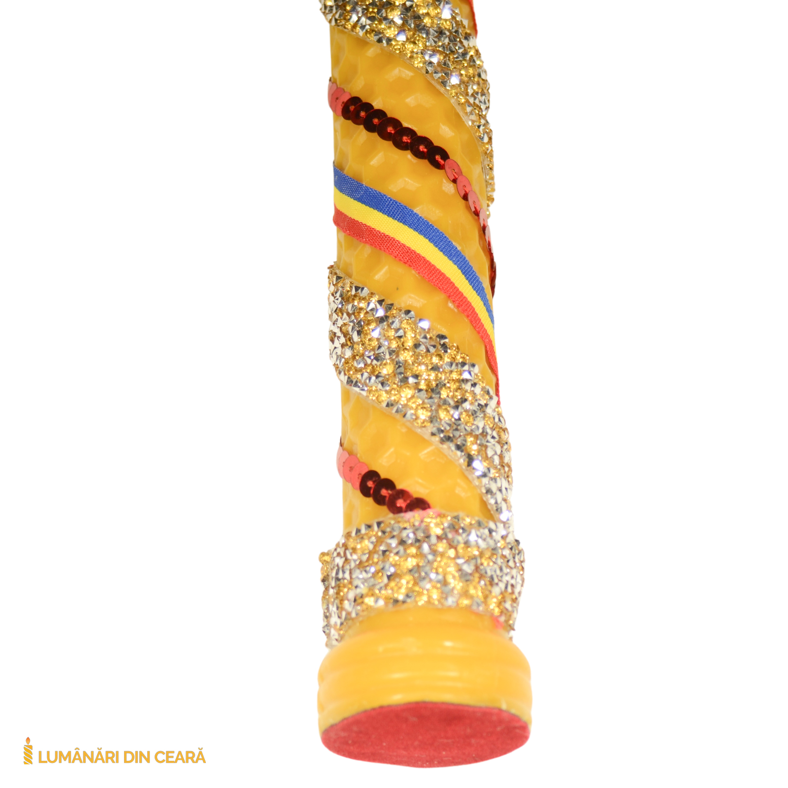 Lumanare impodobita fagure – model banda pietre aurii + tricolor (5)